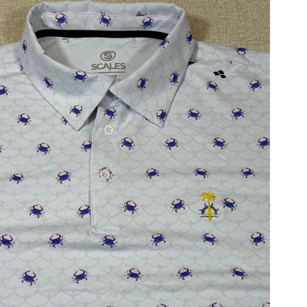 Scales Men L White Blue Crab Print Short Sleeve Polo Athletic Golf Shirt Casual - Picture 5 of 10